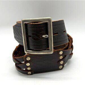 Hollywood Trading Co HTC Brown Leather Belt Studded Tooled Silver Buckle Size 34